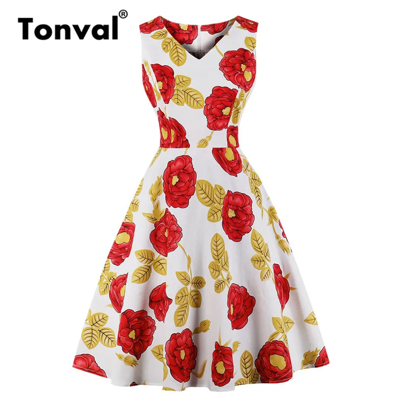 white with red f Tonval рокабилли винтажное темно-синее платье трапециевидной формы с цветочным рисунком женское хлопковое Повседневное платье с v-образным вырезом летние платья в стиле ретро - Цвет: white with red f