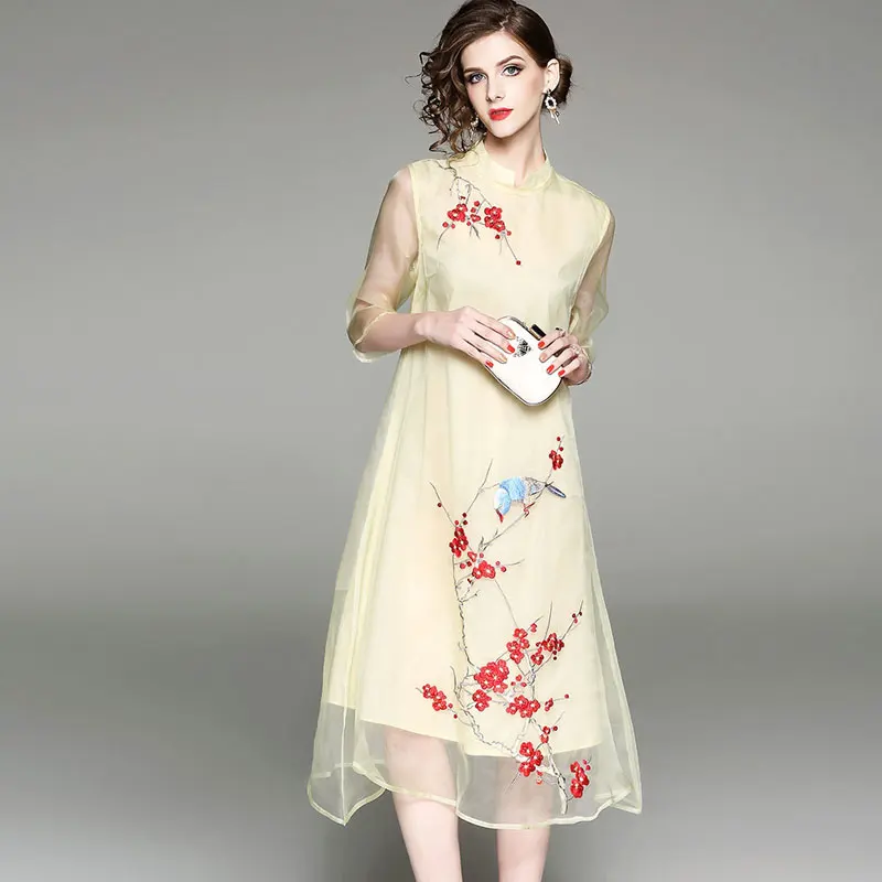 WZJHZ Новый Леди Cheongsam платье с вышивкой Винтаж ежедневно элегантный Для женщин