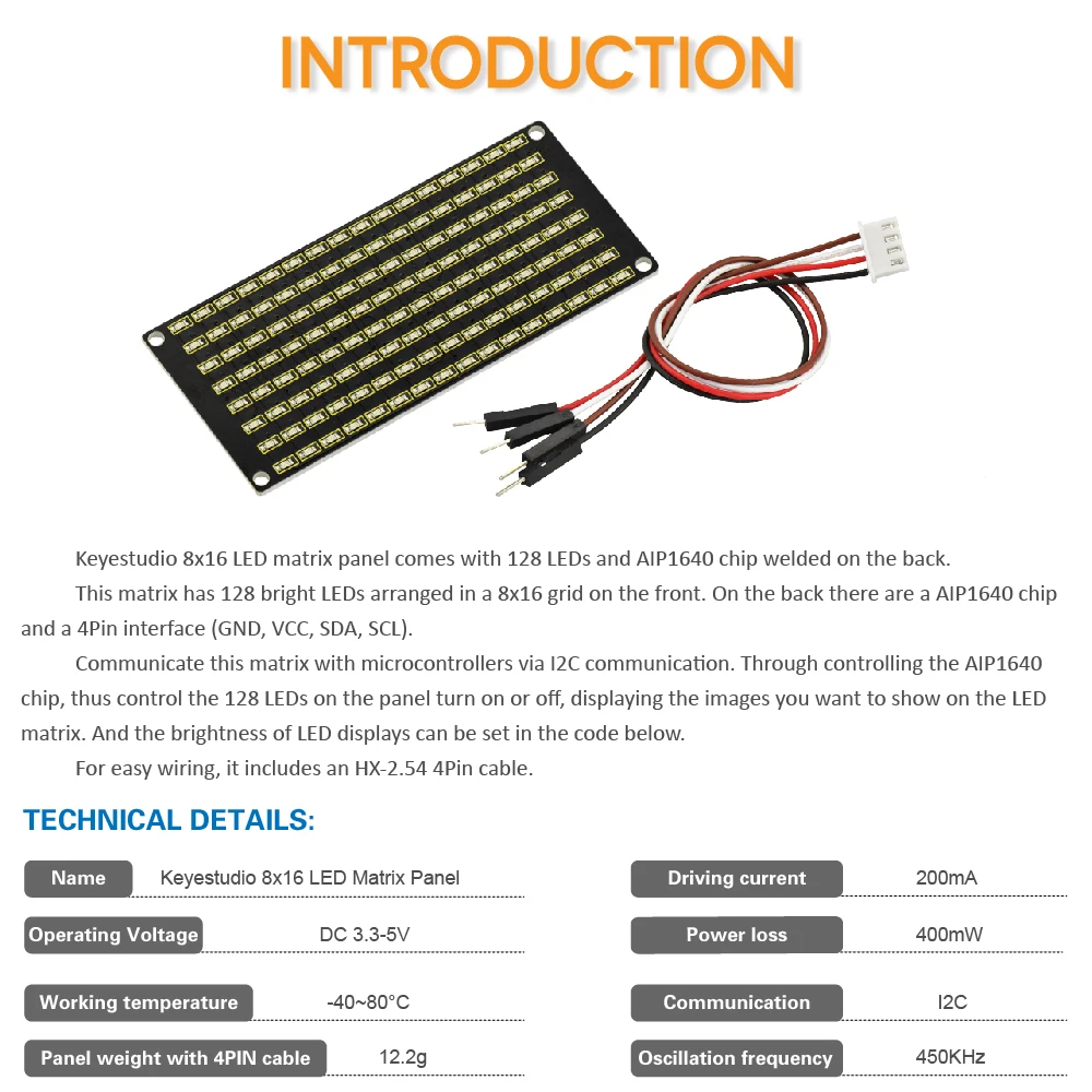 Keyestudio 8x16 СВЕТОДИОДНЫЙ матричный щит с разъемом PH 2,54+ 4-контактный кабель для Arduino