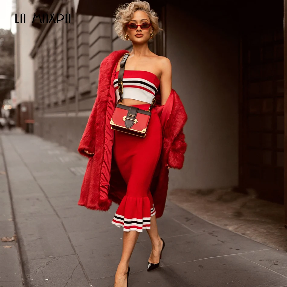 New fashion red two-piece ladies bandage dress sexy strapless fishtail stretch in the long calf club party 2020 | Женская одежда