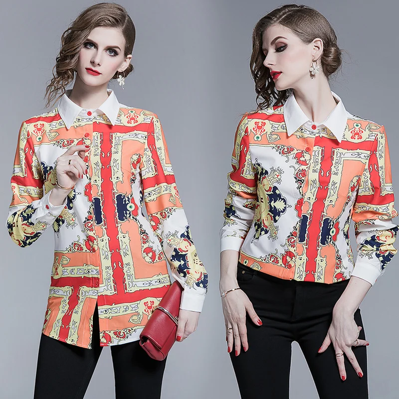Женская офисная блузка с длинным рукавом и принтом Офисная элегантная рубашка