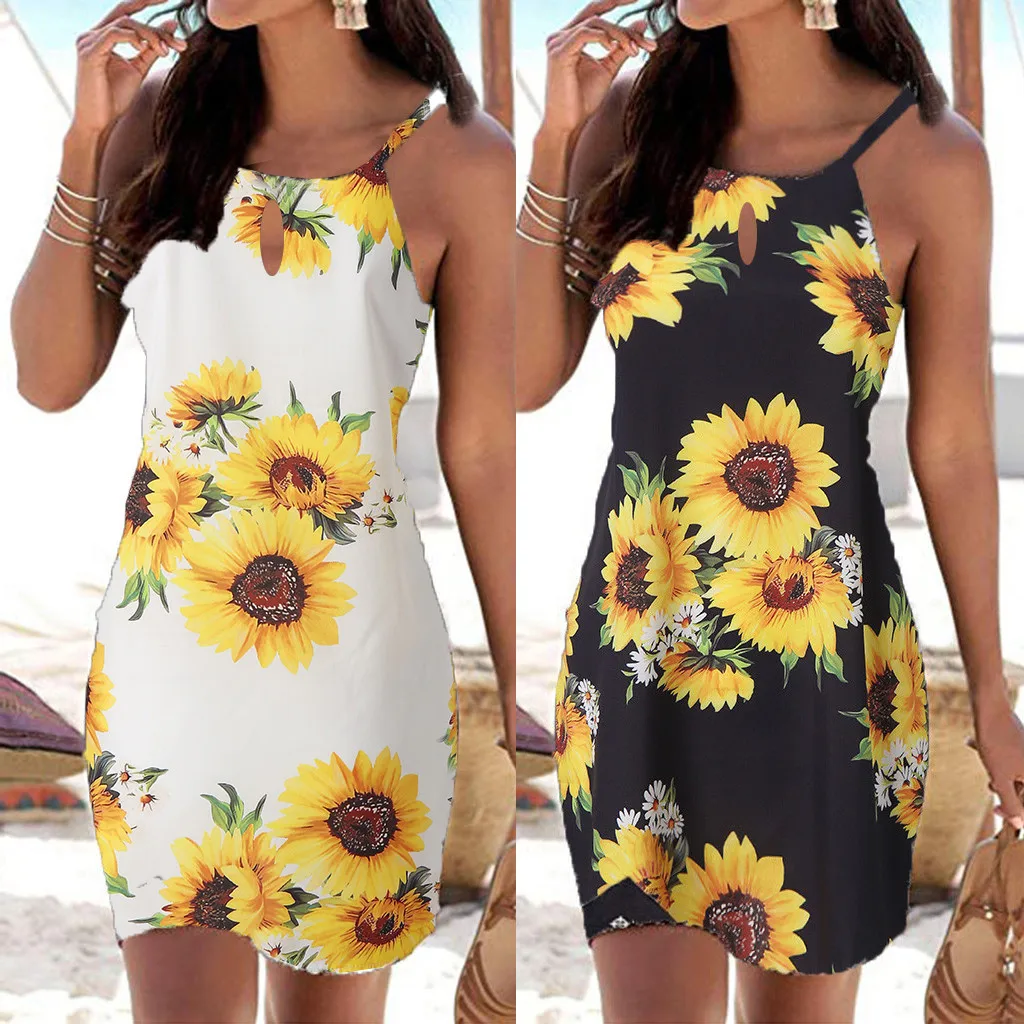 Женское платье 2019 летнее модное женское с лямкой на шее и принтом в стиле бохо