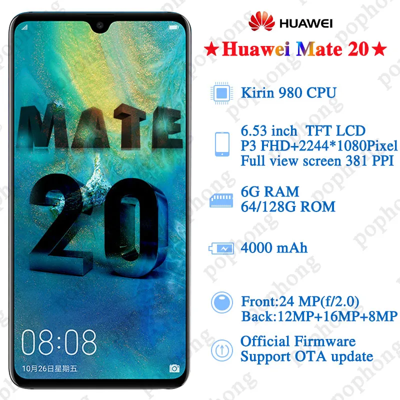Глобальная версия на выбор, 6,53 дюймов, huawei mate 20, телефон для звонков, Android 9,0, Kirin 980, четыре ядра, 24 МП, две sim-карты, супер зарядное устройство, 4000 мАч