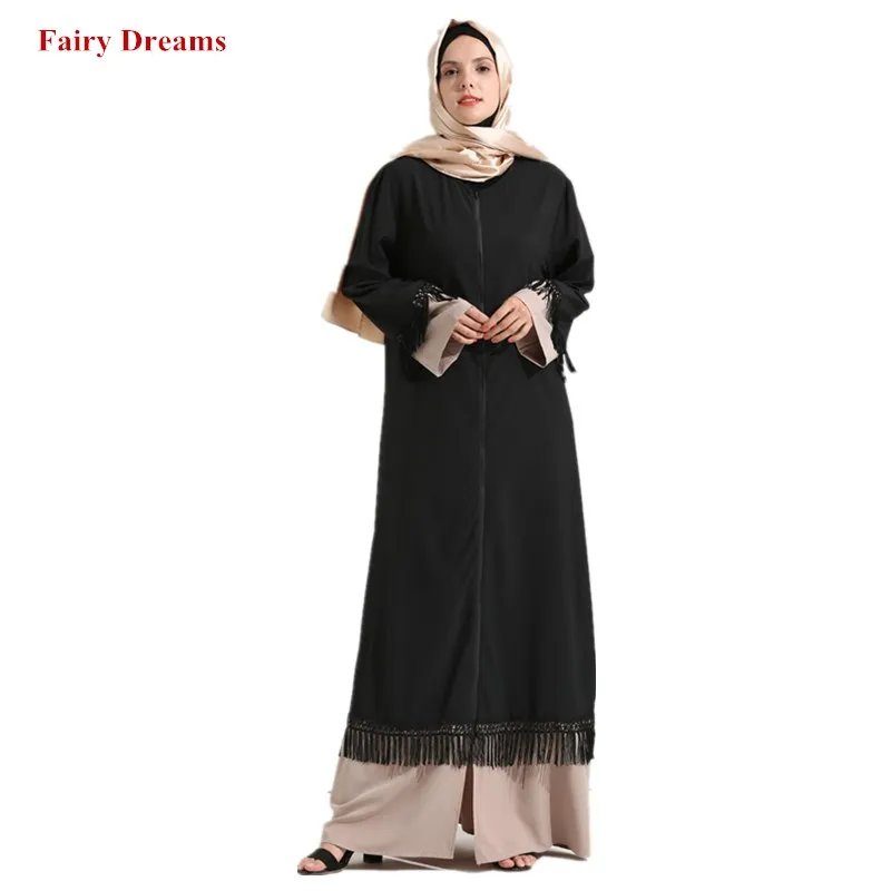 Черное женское болеро с кисточками Abaya в Дубае мусульманское пальто длинная