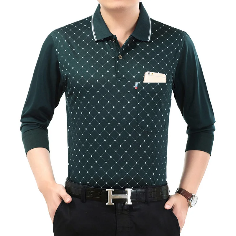 

2018 Spring new aged long sleeve polo shirt male lapel stripe current polo shirt dad