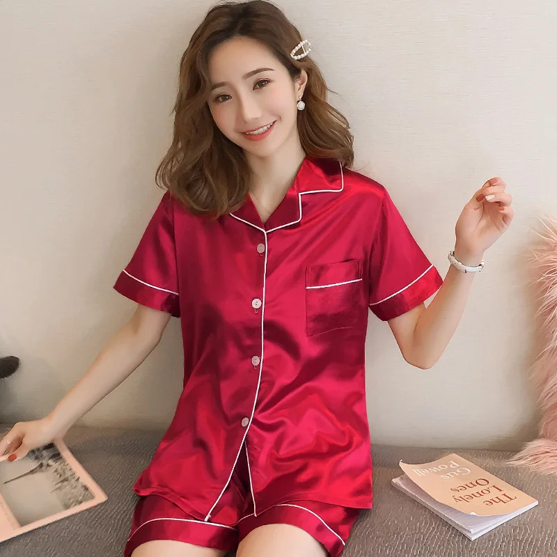 Лед Шелковая пижама женская летняя тонкая с коротким рукавом большой размер шелк