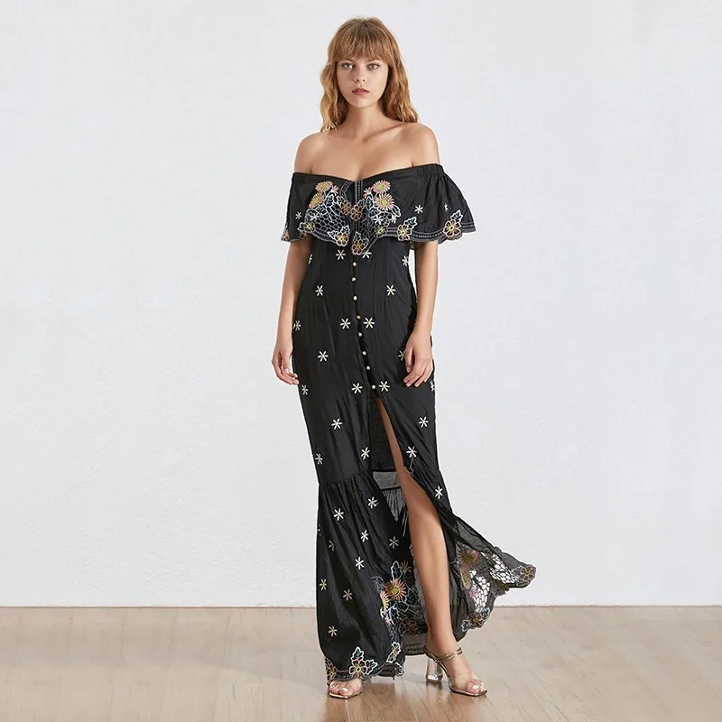 black TWOTWINSTYLE, элегантное женское платье с вышивкой, с открытыми плечами, с вырезом лодочкой, с высокой талией, с разрезом, тонкое, для вечеринок, женское, летнее - Цвет: black