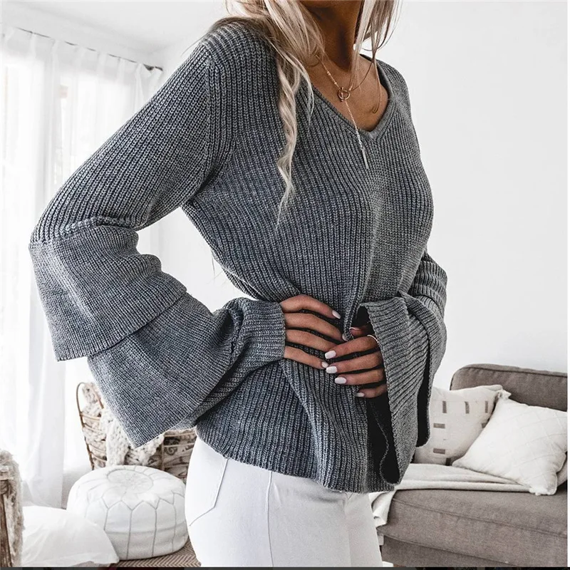 Knitted Sweater Women Peplum Tops Autumn Winter 2018 Slim Pullover Long Ruffle Flare Sleeve Casual Sweaters And Pullovers | Женская