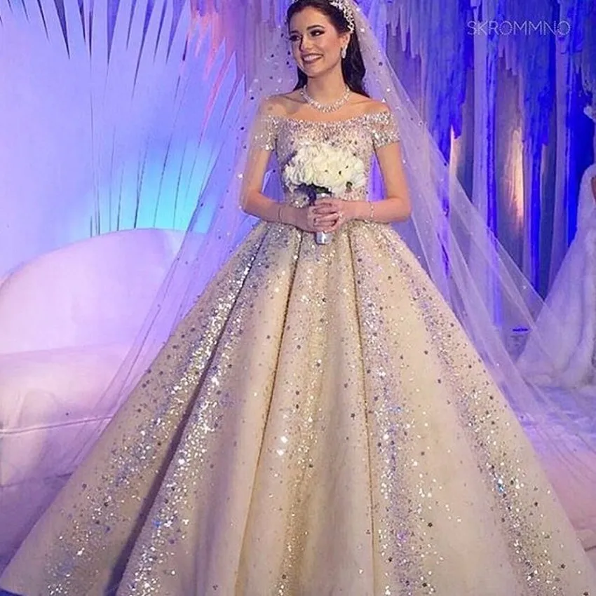Luxury Vintage Champagne Wedding Dresses Sexy Boat Neck Sequin Short Sleeve vestidos de novia 2017 Bridal Gowns robe mariage | Свадьбы и