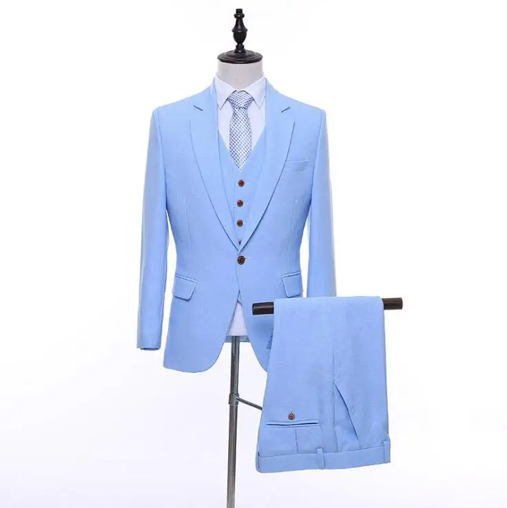 Синий FOLOBE Slim Fit Мужские свадебные костюмы на одной пуговице светло-голубые деловые костюмы для мужчин весна осень костюм из 3 предметов(куртка+ брюки+ жилет - Цвет: Синий
