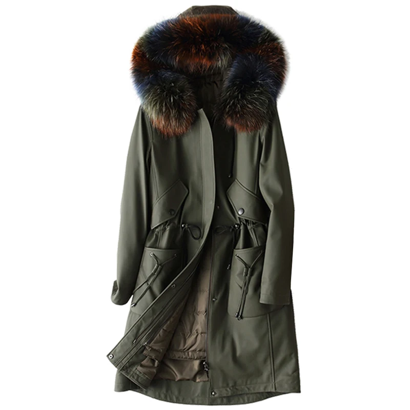 army green Куртка из натуральной кожи, женский пуховик, зимняя куртка, женская одежда,, Корейская парка с капюшоном из меха енота, овчина, пальто ZT709 - Цвет: army green