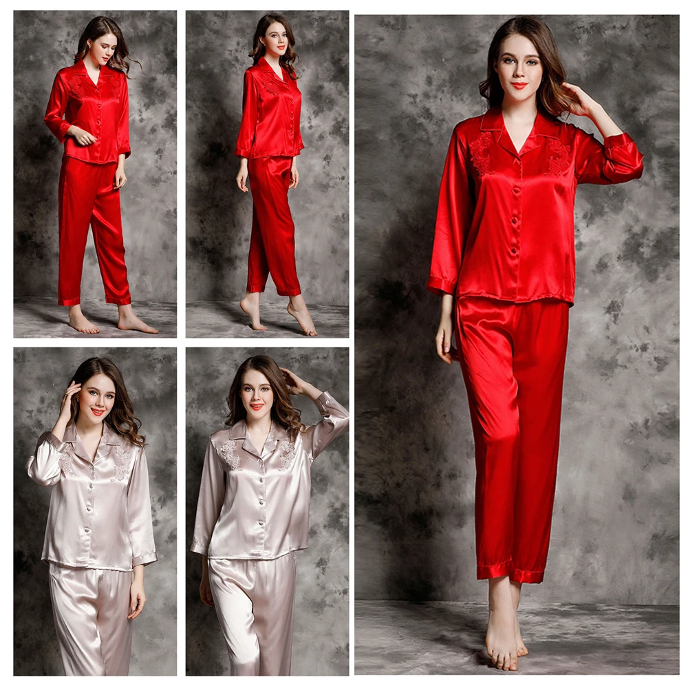 CAVME Plus Size Lace Silk Pajama Sets for Women Elegant Ladies Silk Payama Set Solid Color V-Neck 2 Pieces Homewear Sleepwear
