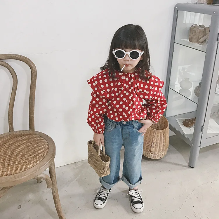 Весенние двухслойные рубашки в горошек с длинными рукавами и большим отложным