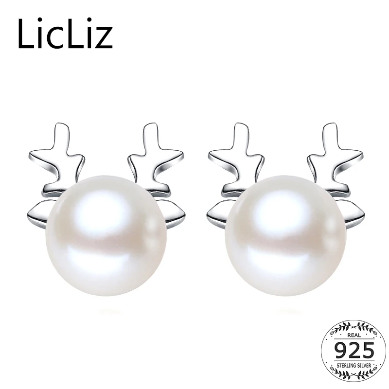 LicLiz Freshwater Pearl Deer Earrings Women Christmas Gift Natural Stone Stud 925 Silver Animal Earing Studs LAE0039 Украшения и