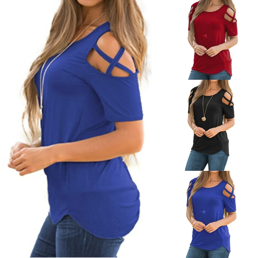 

Sexy T Shirt Women Tops and Shirts Summer Cool Shoulder Tops O-neck Casual Short Sleeve Fashion Female Blusa Feminina