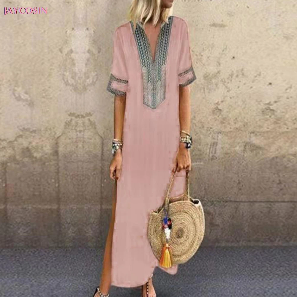 2020 Dress S- XXXXXL Size Women's Printed Long Sleeve V-neck Split Maxi Hem Baggy Kaftan Lover Gift Drop #0409 | Женская одежда