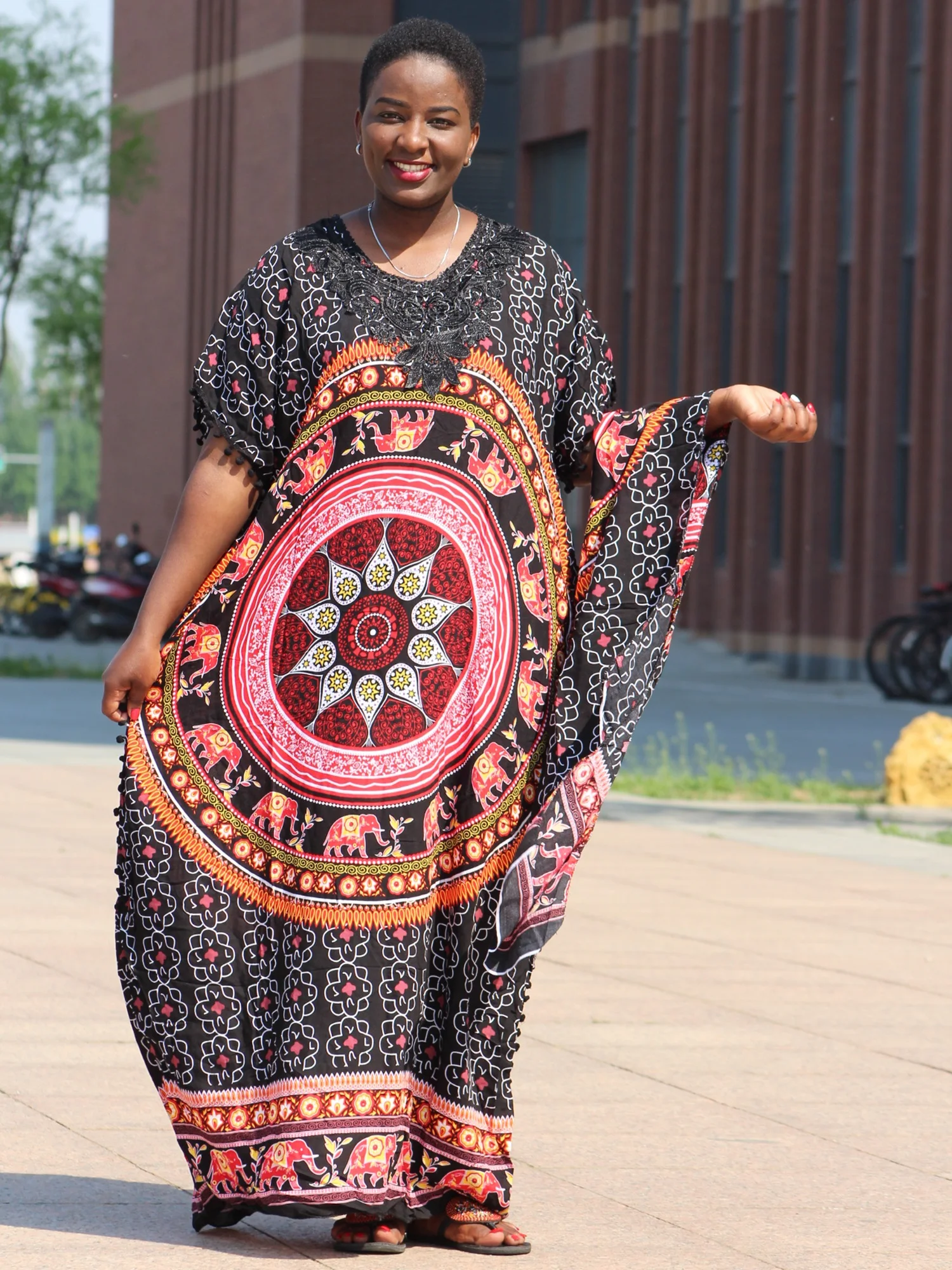 Dashikiage черное кружевное с аппликацией Африканское женское свободное платье с шарфом