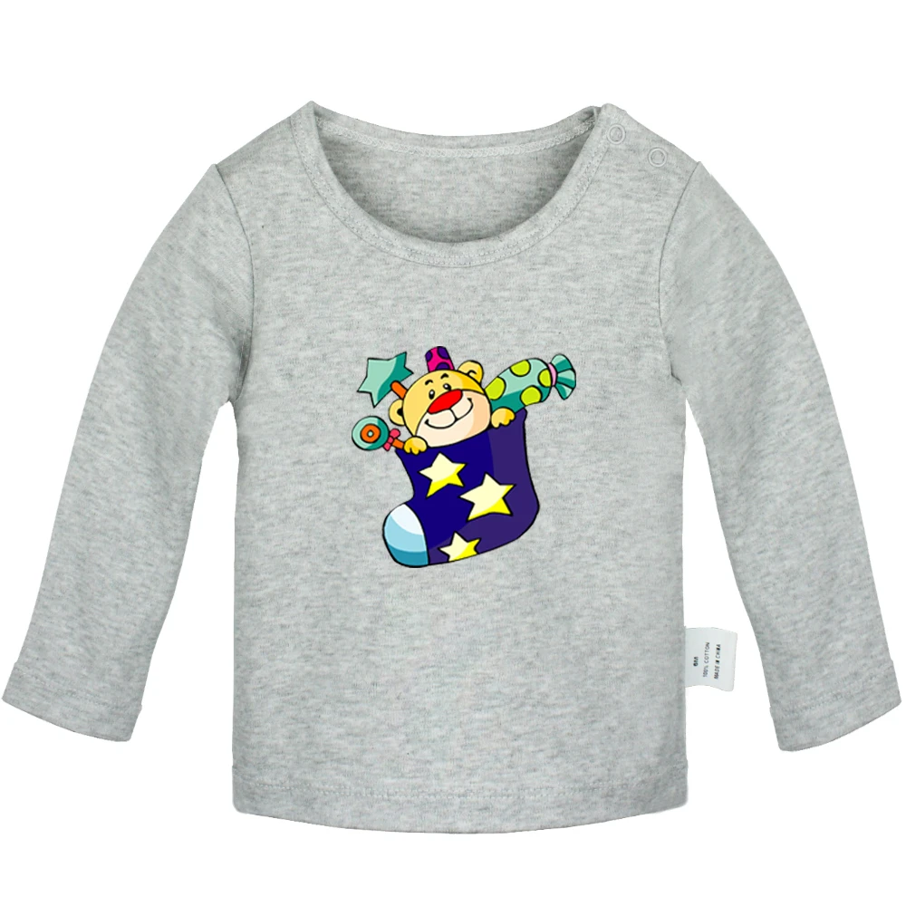 Cute Christmas tree Santa Claus and reindeer gift Bear socks bells Newborn Baby T-Shirts Toddler Graphic Long Sleeve Tee Tops | Детская