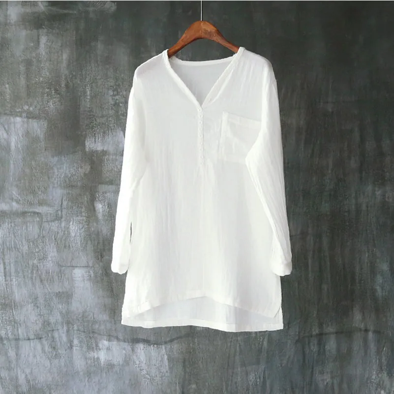 

Women Casual Cotton Pullover Shirt Autumn V-neck Long Sleeve Loose White Blouse Shirt