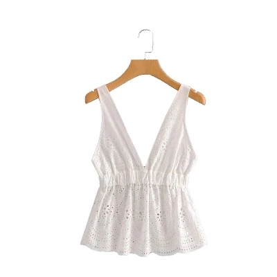 DENISKA 2018 Hollow Out Floral Embroidery Camis Blouse Sexy Sleeveless Backless Pleated Shirts White Ladies Summ | Женская одежда