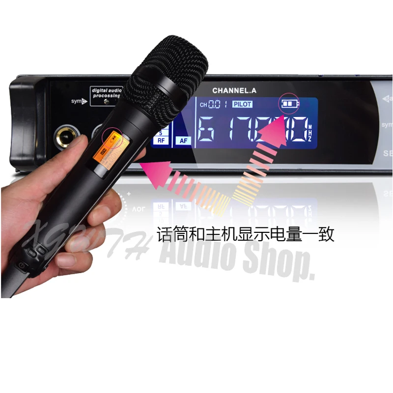 저렴한 UHF 무선 마이크 시스템, 2 콘덴서 포함, 카디오이드 핸드 헬드 마이크, DJ 스테이지용 디지털 다이버시티 수신