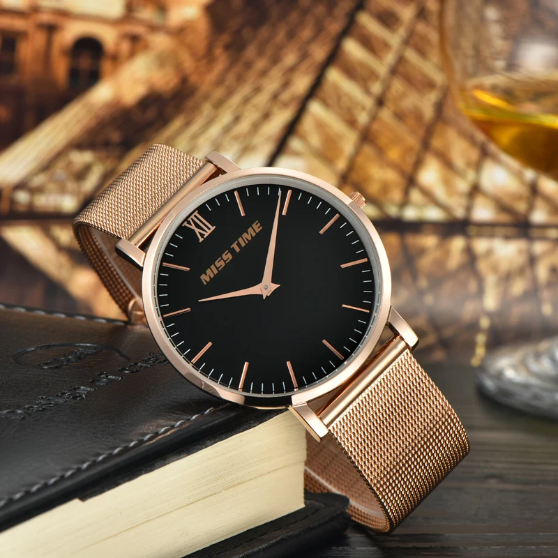MISSTIME ультра тонкие часы швейцарские кварцевые любовника розовое золото Платье