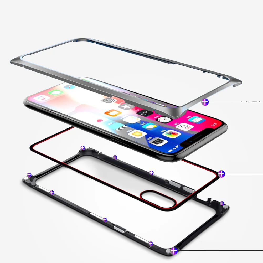 Magnetic Adsorption Phone Case for iPhone X 7 8 Plus Square Transparent Clear Tempered Glass Magnet Back Metal Frame Funda |