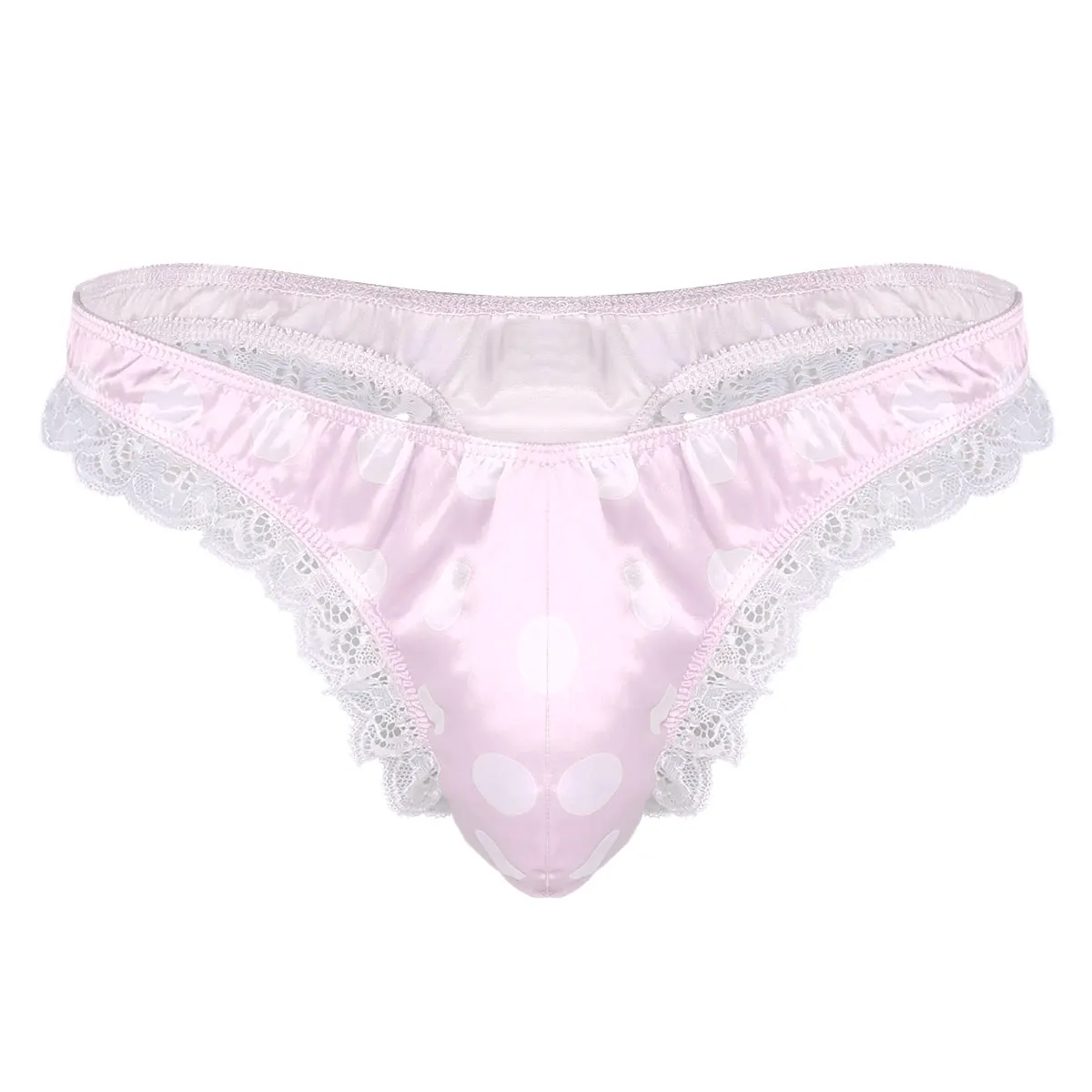 Pink Мужские трусики-стринги, трусики целомудрия, нижнее белье, стринги, Трусы-брифы, нижнее белье с оборками, в горошек, треугольное блестящее нижнее белье - Цвет: Pink