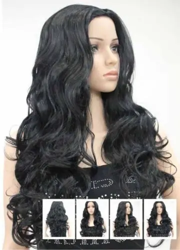 Шун wig.01078 Fastshipping ПОЛНЫЙ ПАРИК Темно Черный Сексуальный Длинные Волнистые никаких