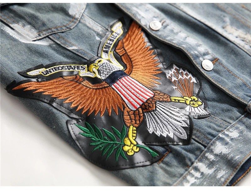 Sokotoo Men's slim American flag embroidered ripped jean jacket Trendy letters birds distressed denim top coat Outerwear
