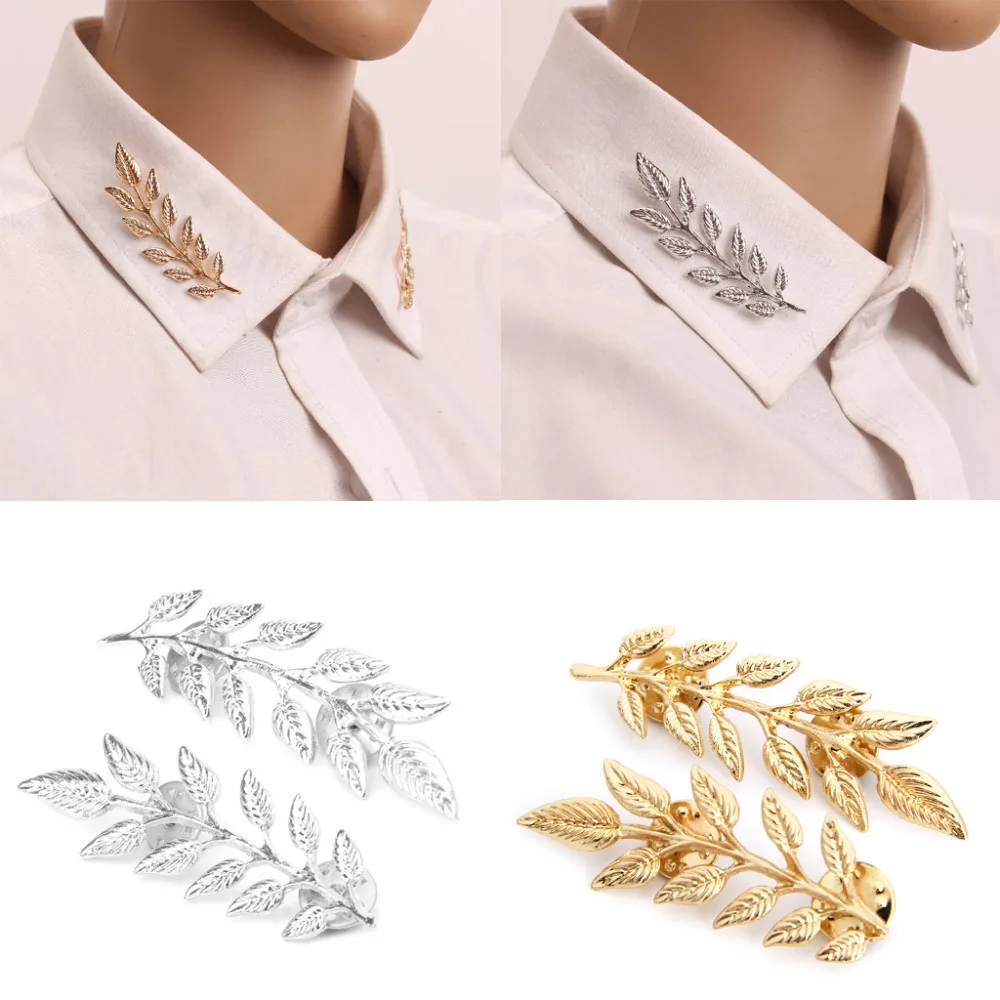 

Vintage Alloy Shirt Collar Leaf Brooch Gorgeous Wheat Leaf Branch Gold Silver Neck Tip Brooch Collar Pin Match Clothes