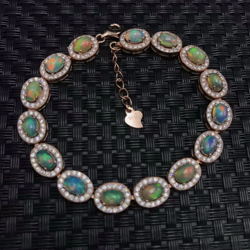 Классический Серебряный браслет с опалом, 7.5ct, 15 шт., натуральный опал, браслет с драгоценным камнем, твердый браслет из стерлингового серебра 925 пробы, роскошный подарок для девочки