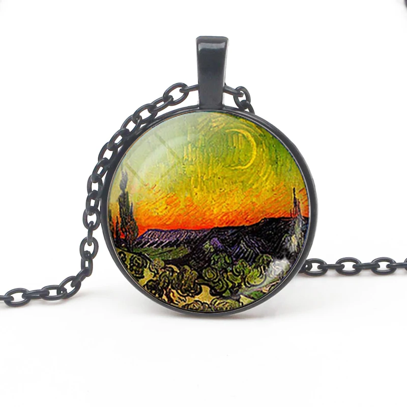 Vintage Van Gogh Oil Painting Pendant Necklace Moon Night Street Landscape Pattern Sunflower Men Women Handmade Trinket |