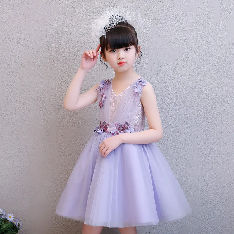 

Elegant Girl Summer Lace Lavender Wedding Dress Transparent Appliques Party Tulle Princess Birthday Dress First Communion dress