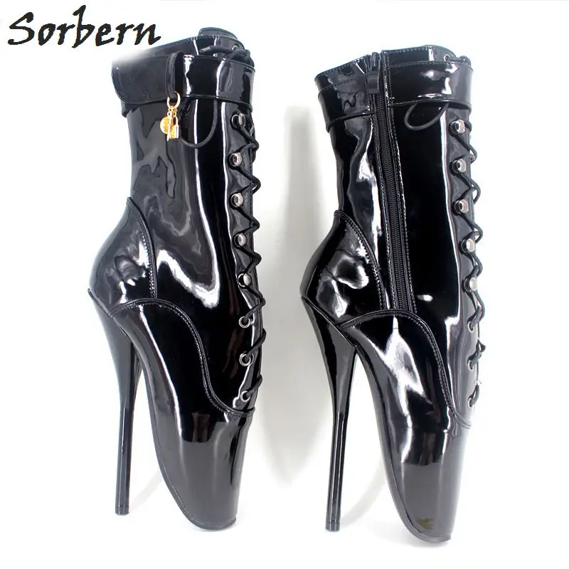 Black Shiny Sorbern/пикантные балетки на высоком каблуке-шпильке; черные сапоги до середины икры; Фетиш; балетки; женская обувь на шнуровке; большие размеры - Цвет: Black Shiny