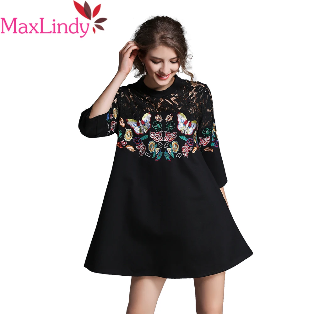 Maxlindy летние платья Кружева Вышивка Бабочка Лоскутная Стенд воротник Винтаж