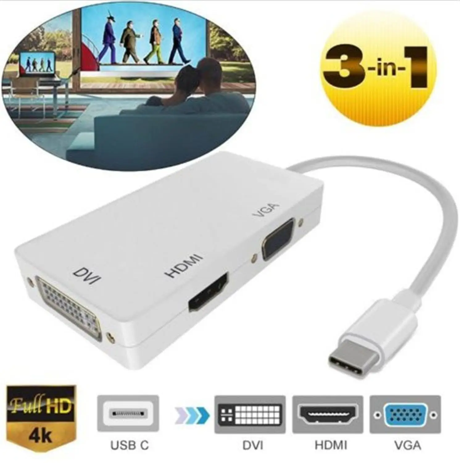 3 в 1 USB 3. 0 Type C/Mini DP к DVI HDMI VGA Кабель адаптер 4K C мультипортовый конвертер для