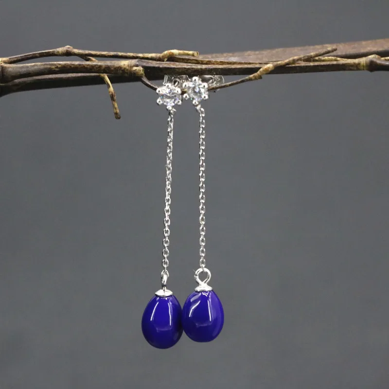 Fashion Women Eardop Sterling Long Dangle Earring 7x9mm Purple Baking Paint Glass Beads Earrings Jewelry 4cm B3439 | Украшения и