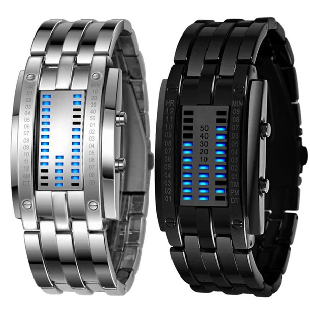 1PC Future Technology Binary Watch мужские и женские черные часы из нержавеющей стали с цифровым