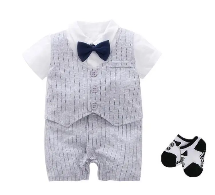 2 pcs summer-- gray Костюм-смокинг для свадебной вечеринки для новорожденных мальчиков, костюм для малышей 0-18 месяцев: боди+ шапка+ носки+ обувь, комплект одежды, подарок для маленького джентльмена - Цвет: 2 pcs summer-- gray