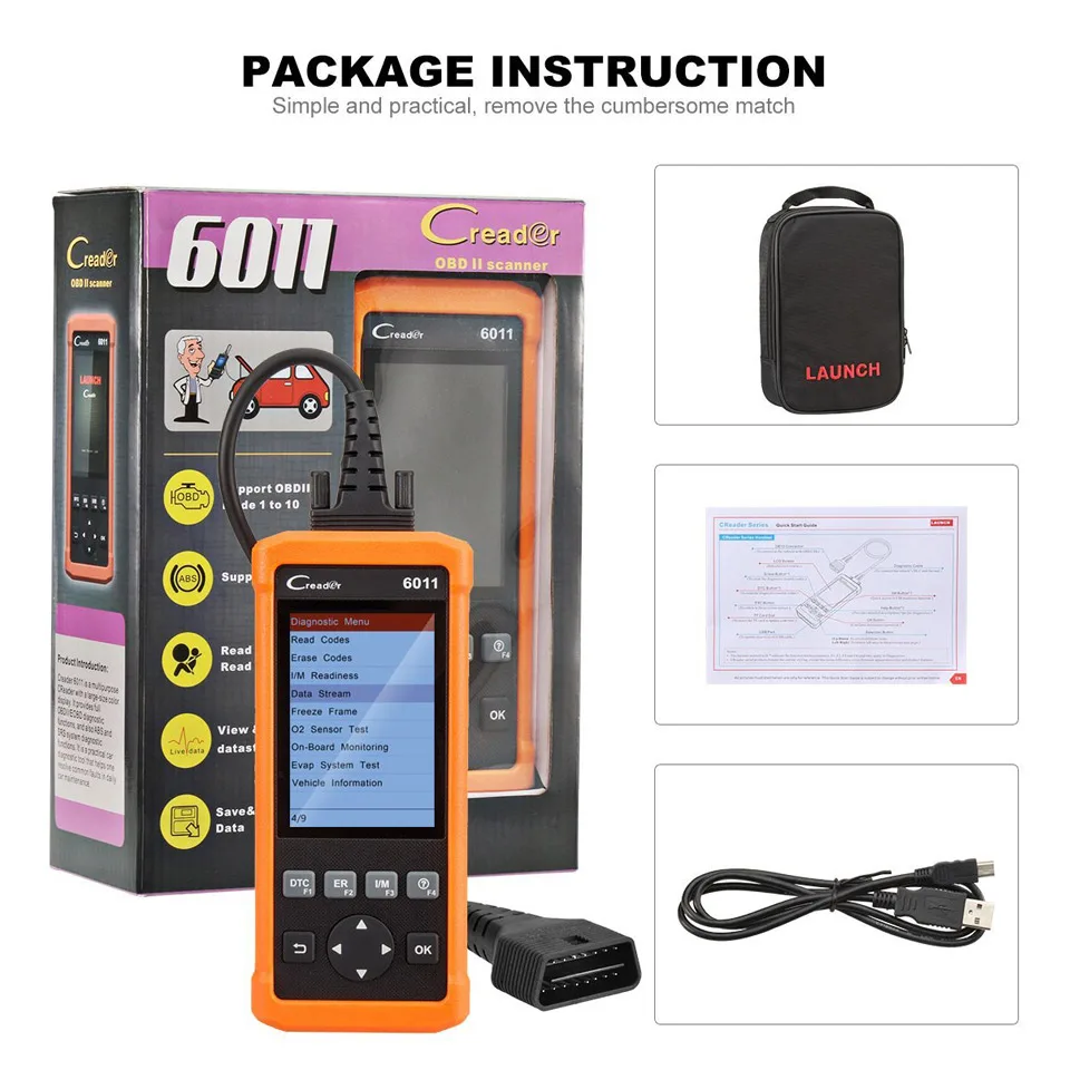 Оригинальные Launch Creader 6011 OBD2/EOBD диагностический сканер с abs и srs Системы диагностические функции CR6011