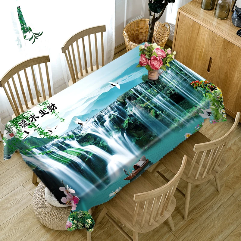 

Chinese 3d Round Tablecloth Guest Greeting Pine Waterfall Scenery Pattern Thicken Cotton Rectangular Table cloth Home Decoration