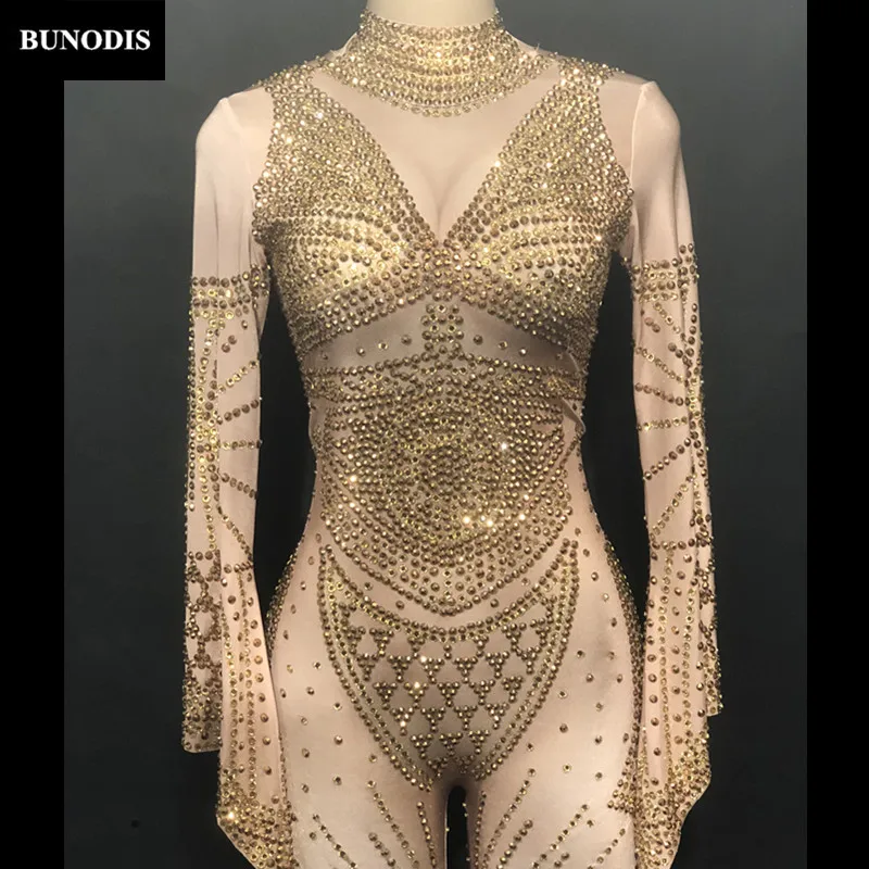 ZD257 женский сексуальный комбинезон из кожи с золотыми сверкающими кристаллами