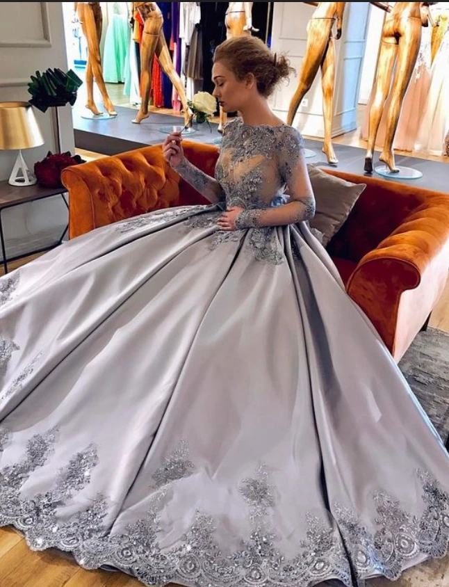 

Silver Quinceanera Dresses Long Sleeve Ball Gown Satin Lace Appliques Vestidos De 15 Anos Floor Length Elegant Robe De Bal