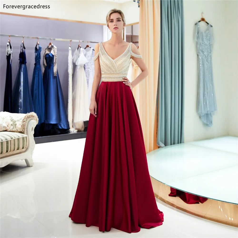 Женское атласное платье с открытыми плечами Forevergracedress темно красное вечернее бисером и кристаллами большие