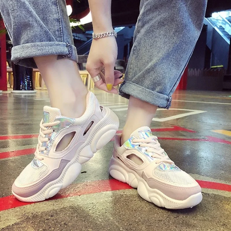 Сетчатая женская обувь на толстой подошве с плюшевым медведем летние кроссовки