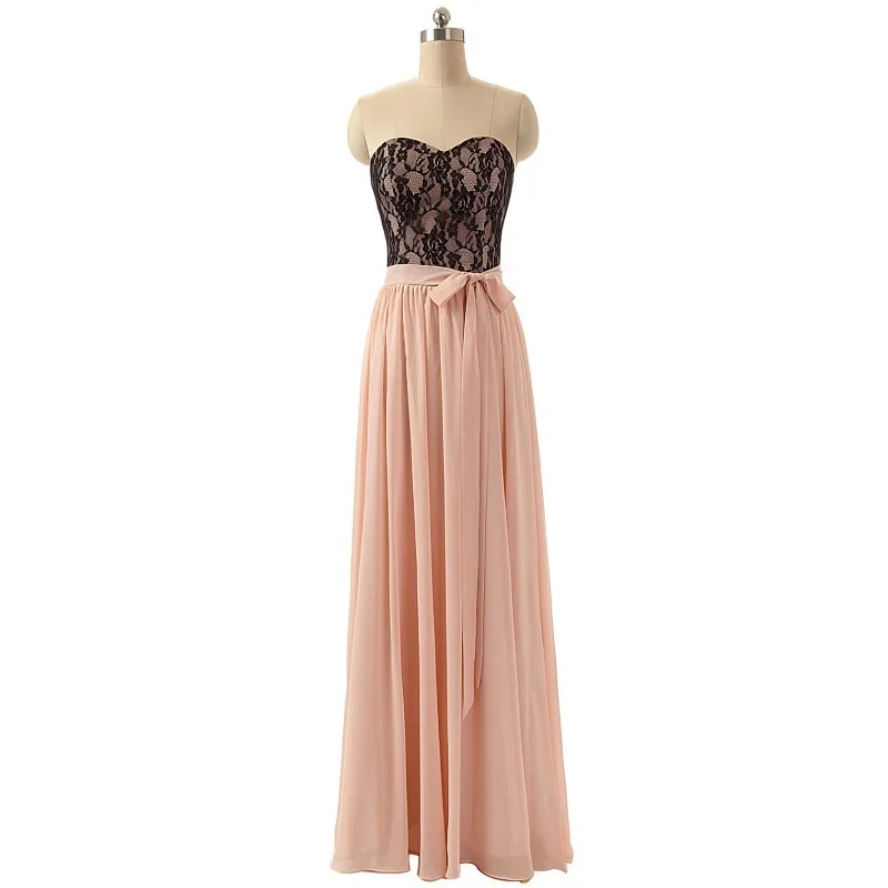 Коралловые длинные шифоновые платья для подружек невесты с черным кружевом