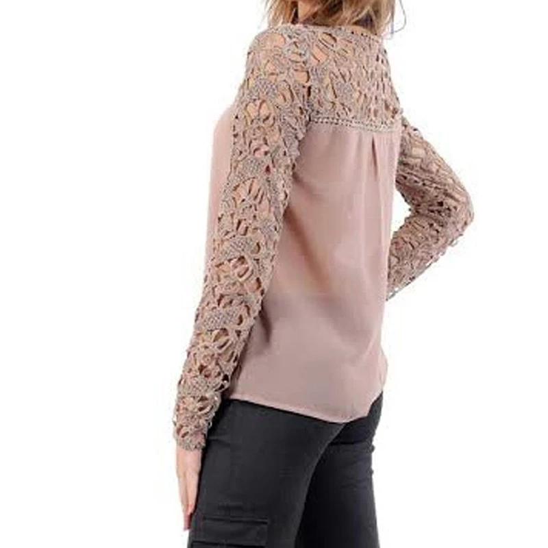 2017 T-shirt For Female Fashion Women O-Neck Sexy Lace Crochet Embroidery Tops Long Sleeve T-Shirts Khaki Casual Chiffon Tees | Женская