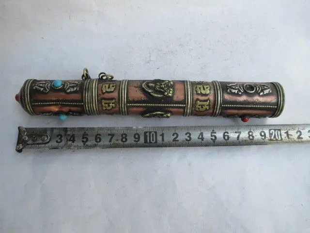 

Elaborate Chinese ancient Tibetan Buddhism copper goddess of mercy bible cylinder