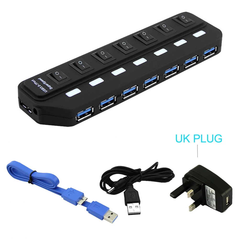 Windyoung USB3.0 концентратор 7 портов с зарядкой питания и переключателем несколько USB адаптер питания светодиодный Переключатель ВКЛ/ВЫКЛ разветвитель для ПК ноутбука